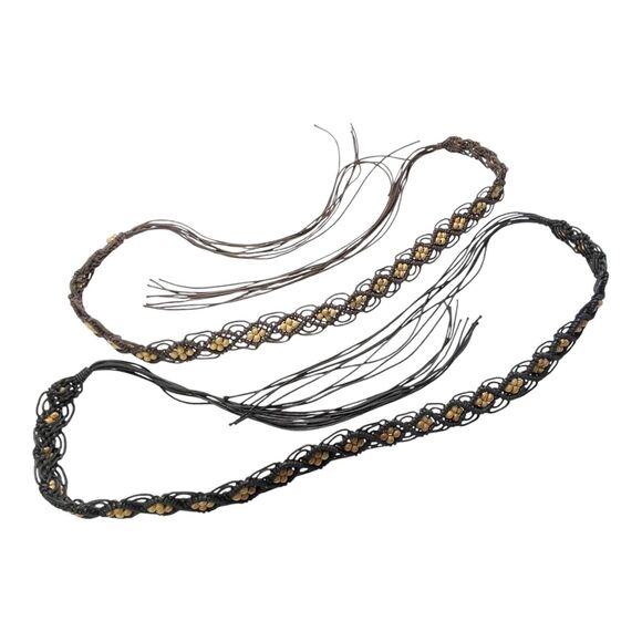 Vintage Pair Macramé Western Belts Ladies Black Brown Beaded 30” (plus) x 1.25” - Picture 6 of 8